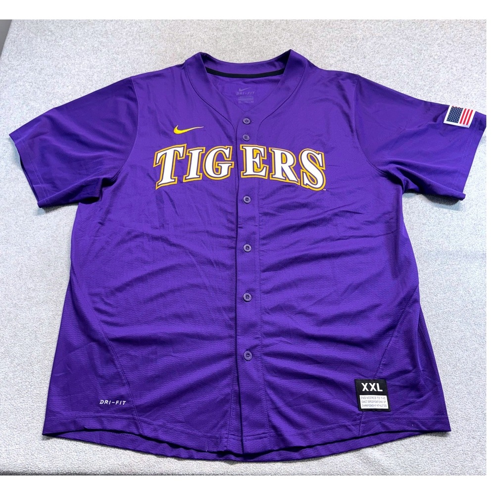 Nike LSU Tigers Baseball Jersey Mens XXL Purple Dri-FIT NCAA American Flag